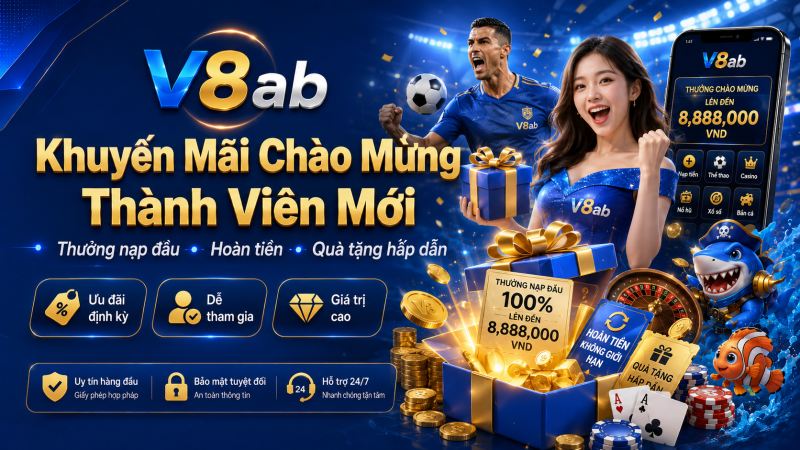 Nhân vật nữ cầm hộp quà với tiền xu và chip, text: “Khuyến Mãi Chào Mừng Thành Viên Mới”