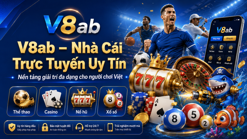 Logo V8ab lớn với nền xanh dương, các biểu tượng casino, thể thao, nổ hũ, xổ số và bắn cá