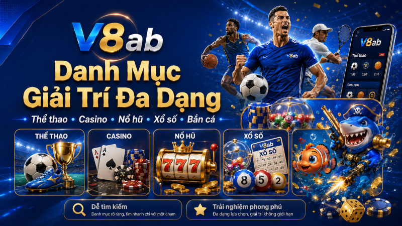 Collage các hạng mục giải trí V8ab: thể thao, casino, nổ hũ, xổ số, bắn cá, logo V8ab