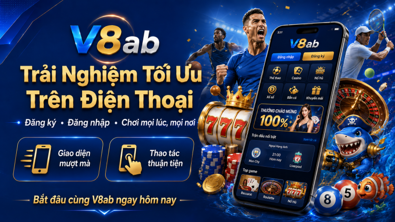 Smartphone hiển thị app V8ab, xung quanh slot, chip, bắn cá, text “Trải Nghiệm Tối Ưu Trên Điện Thoại”